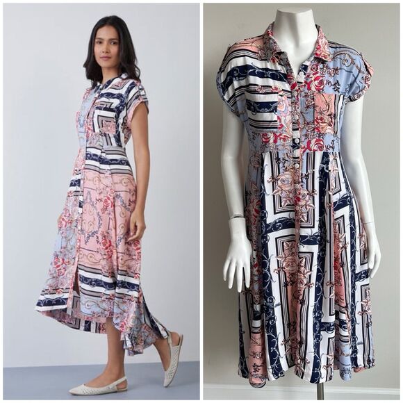LOV by Westside Patchwork Mixed Print Floral Boho Hippie Midi Shirt Dress -S - Picture 1 of 16